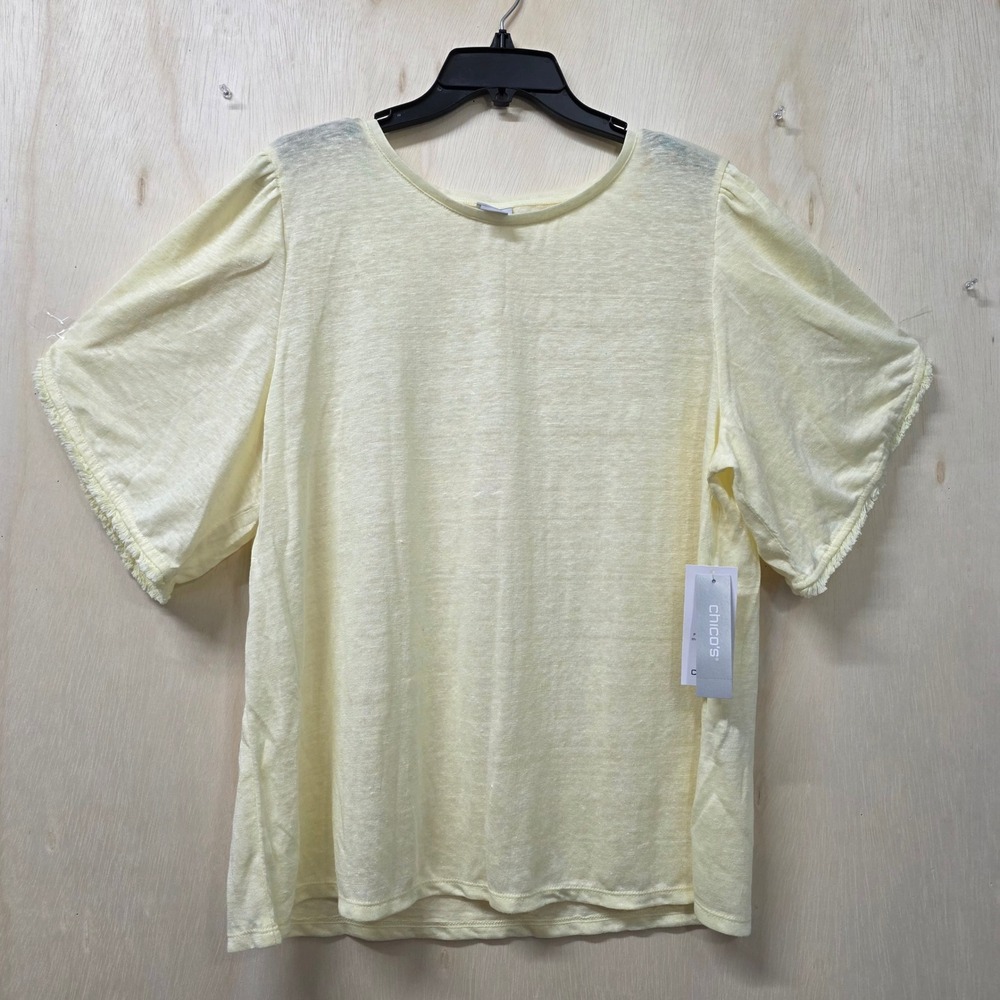 Chico's 100% Linen Flutter Sleeve Tee Mellow Lime Yellow Top Size XL